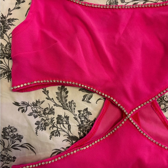 shein bae cut out rhinestone trim split hem bodycon dress - hot pink - Picture 4 of 7